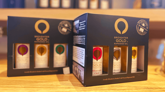Display of Broighter Gold Rapeseed Oil in the Giant's Causeway Visitor Centre Retail area, Co. Antrim